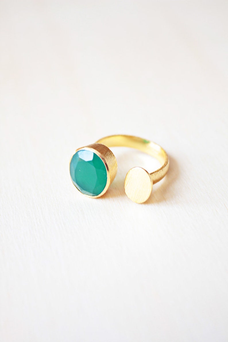 Aqua Chalcedony Oval Gemstone Ring, 18K Gold Filled Brass, Sizes 6-8 US