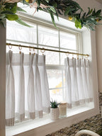 Pleated Ticking Striped Cafe Curtain, Tier Curtain, Kitchen and Bathroom Window Treatment, Farmhouse Style