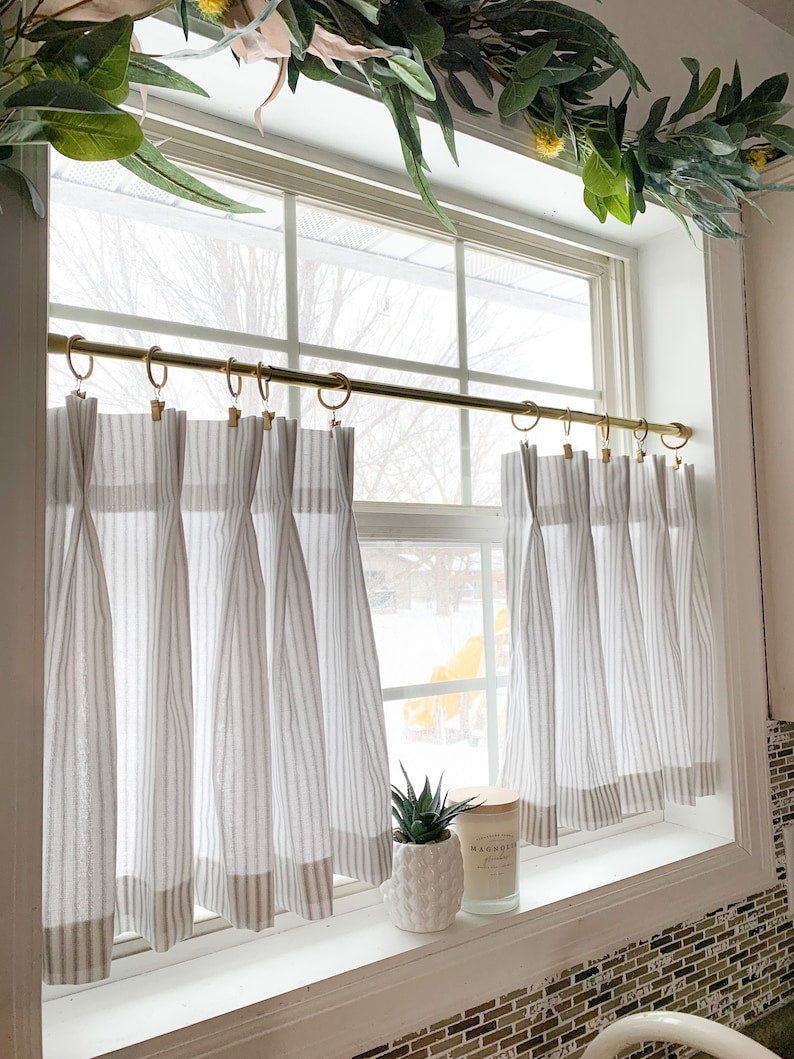 Pleated Ticking Striped Cafe Curtain, Tier Curtain, Kitchen and Bathroom Window Treatment, Farmhouse Style
