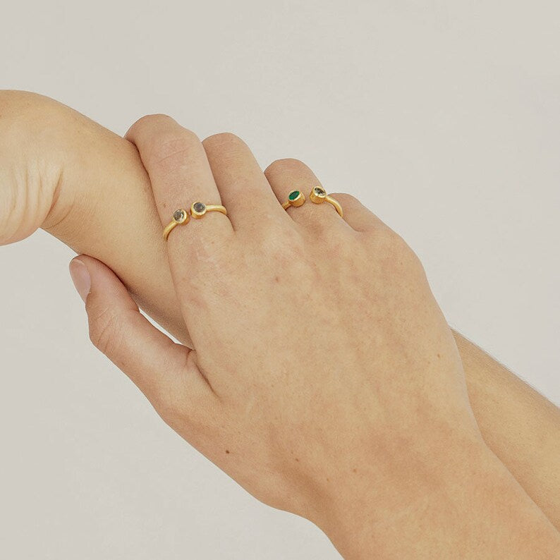 18K gold-plated open ring, set with green agate and green amethyst, adjustable