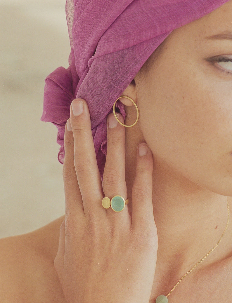 Aqua Chalcedony Oval Gemstone Ring, 18K Gold Filled Brass, Sizes 6-8 US