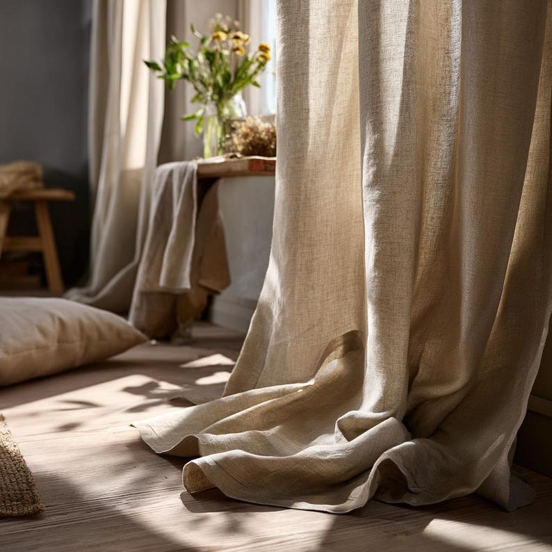 Linen curtains (tab-top style), natural linen color, farmhouse style