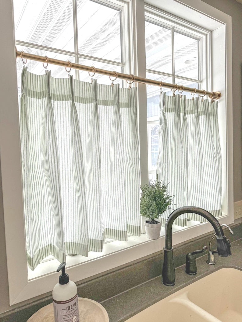 Pleated striped café curtains/short curtains, suitable for kitchen or bathroom windows, farmhouse style