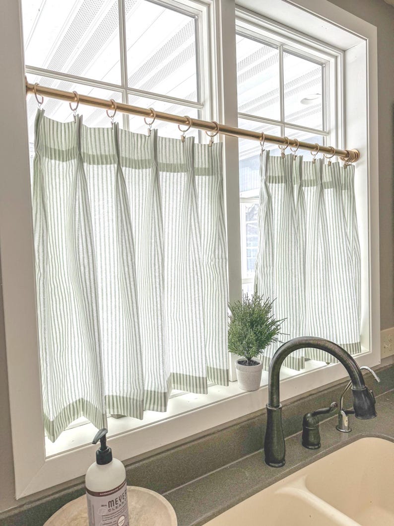 Pleated Ticking Striped Cafe Curtain, Tier Curtain, Kitchen and Bathroom Window Treatment, Farmhouse Style