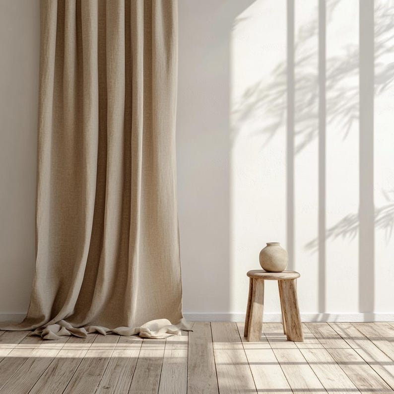 Linen curtains (tab-top style), natural linen color, farmhouse style