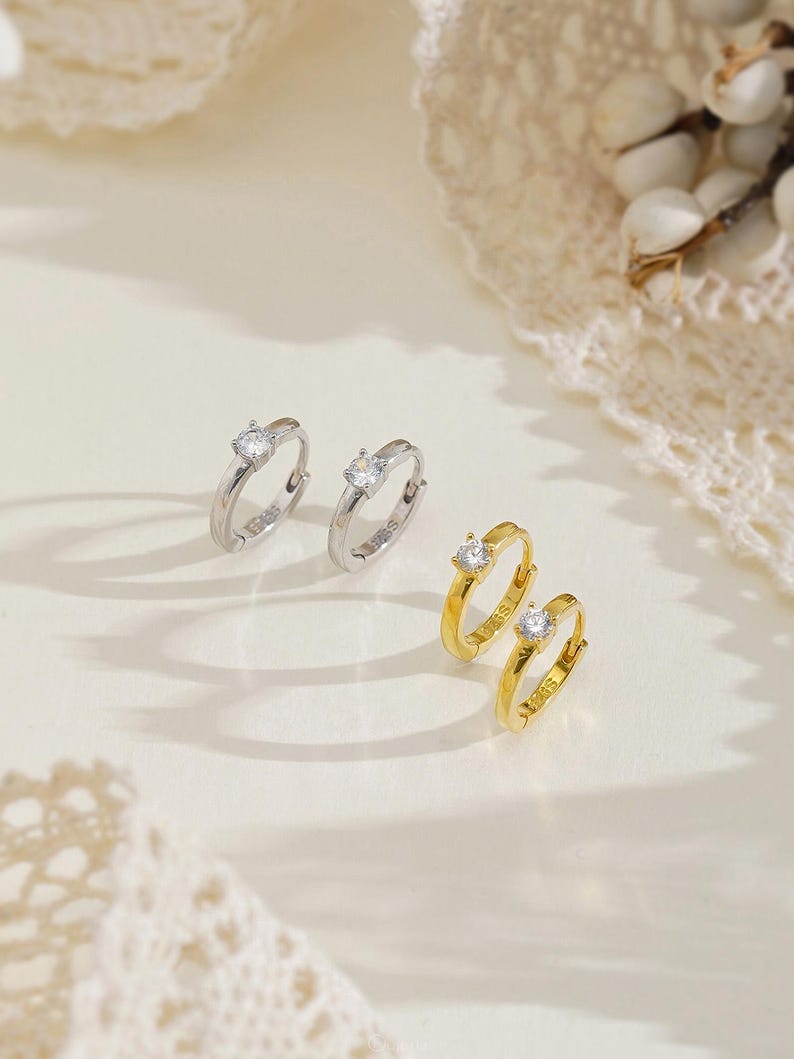 Minimalist diamond hoop earrings, 925 sterling silver, small circular ear jewelry