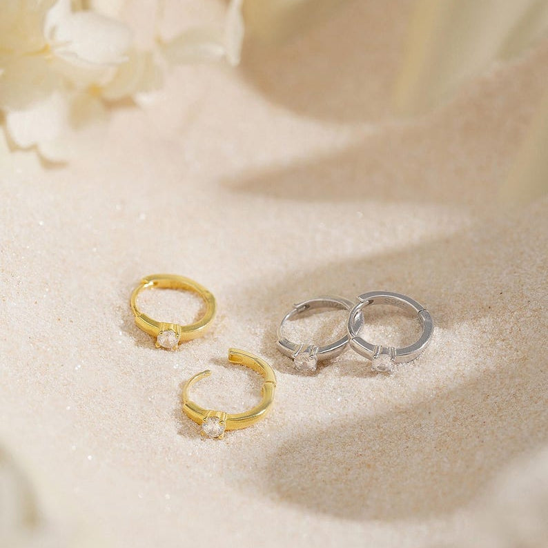 Minimalist diamond hoop earrings, 925 sterling silver, small circular ear jewelry