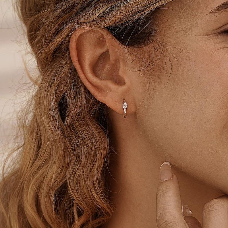 Minimalist diamond hoop earrings, 925 sterling silver, small circular ear jewelry