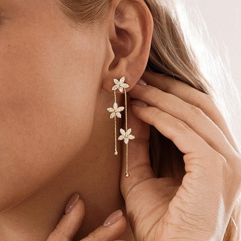 Floral Diamond Drop Earrings — Minimalist Gold Crystal Pendant Earrings