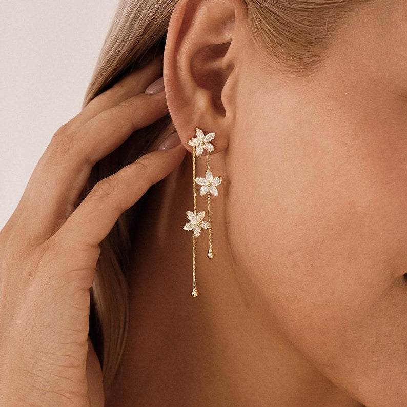 Floral Diamond Drop Earrings — Minimalist Gold Crystal Pendant Earrings