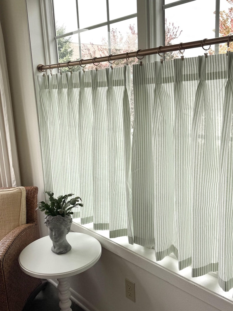 Pleated Ticking Striped Cafe Curtain, Tier Curtain, Kitchen and Bathroom Window Treatment, Farmhouse Style