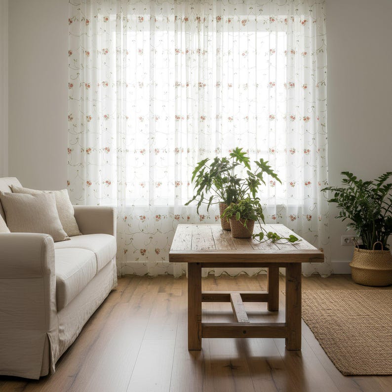 Extra-wide embroidered sheer curtains (pink or orange) with a scalloped hem