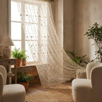 Extra-wide embroidered sheer curtains (pink or orange) with a scalloped hem