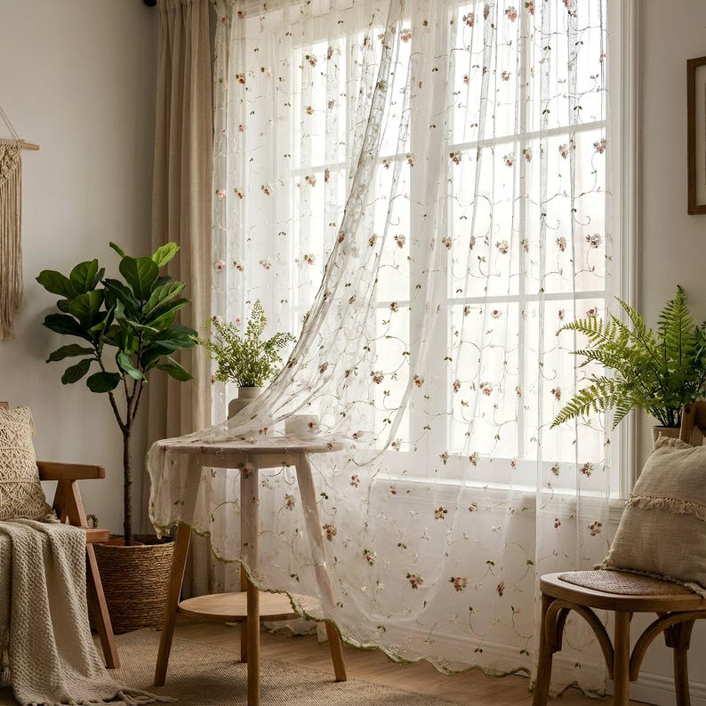 Extra-wide embroidered sheer curtains (pink or orange) with a scalloped hem