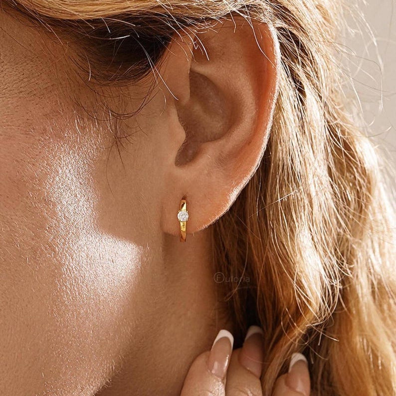 Minimalist diamond hoop earrings, 925 sterling silver, small circular ear jewelry