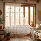 Extra-wide embroidered sheer curtains (pink or orange) with a scalloped hem
