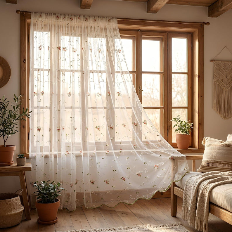 Extra-wide embroidered sheer curtains (pink or orange) with a scalloped hem