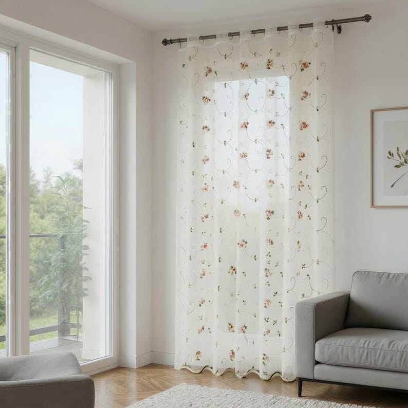 Extra Wide Embroidered Floral Sheer Curtain, Pink or Orange, Wavy Bottom, 1 Panel or Pair