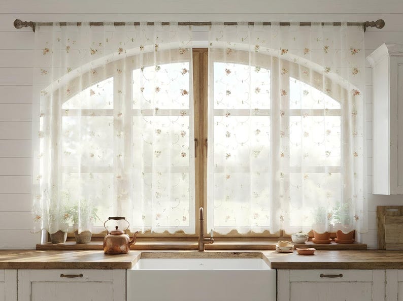 Extra Wide Embroidered Floral Sheer Curtain, Pink or Orange, Wavy Bottom, 1 Panel or Pair