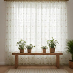 Extra-wide embroidered sheer curtains (pink or orange) with a scalloped hem