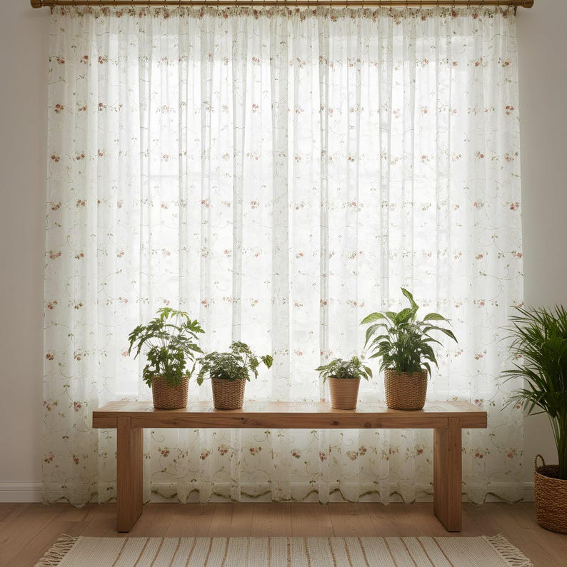 Extra-wide embroidered sheer curtains (pink or orange) with a scalloped hem