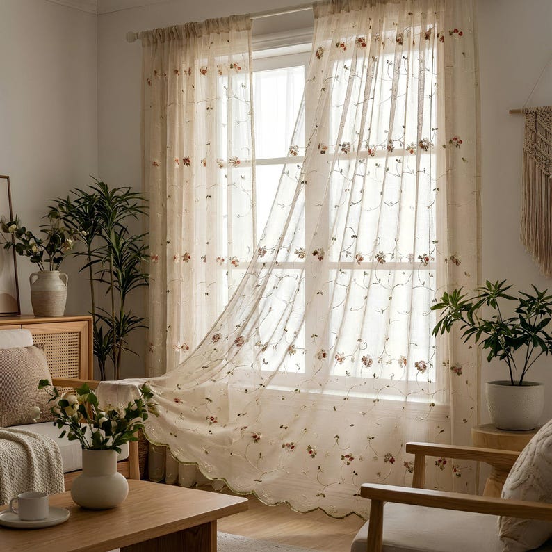 Extra Wide Embroidered Floral Sheer Curtain, Pink or Orange, Wavy Bottom, 1 Panel or Pair