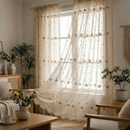 Extra-wide embroidered sheer curtains (pink or orange) with a scalloped hem