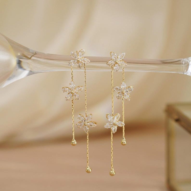 Floral Diamond Drop Earrings — Minimalist Gold Crystal Pendant Earrings