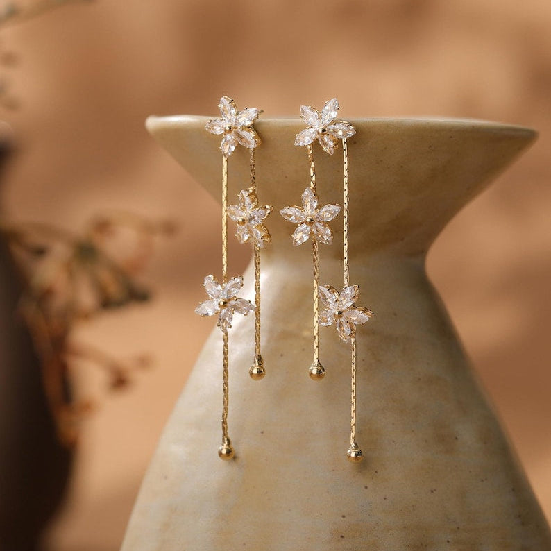 Floral Diamond Drop Earrings — Minimalist Gold Crystal Pendant Earrings