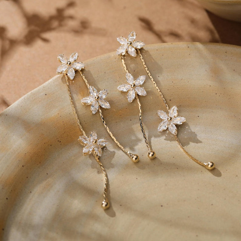 Floral Diamond Drop Earrings — Minimalist Gold Crystal Pendant Earrings