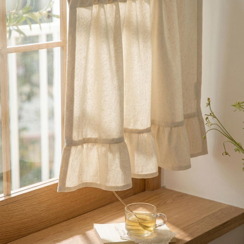 Cotton-linen café curtain with ruffles, light-filtering short curtain, French country bohemian style