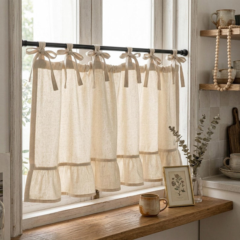 Cotton-Linen Ruffled Café Curtains, Sheer Short Curtains, Natural Beige, French Country/Bohemian Farmhouse Style