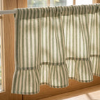 Green Striped Cotton Linen Cafe Curtains, Ruffled Light Filtering Window Treatments