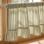 Green Striped Cotton Linen Cafe Curtains, Ruffled Light Filtering Window Treatments