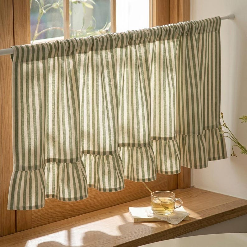 Green Striped Cotton Linen Cafe Curtains, Ruffled Light Filtering Window Treatments
