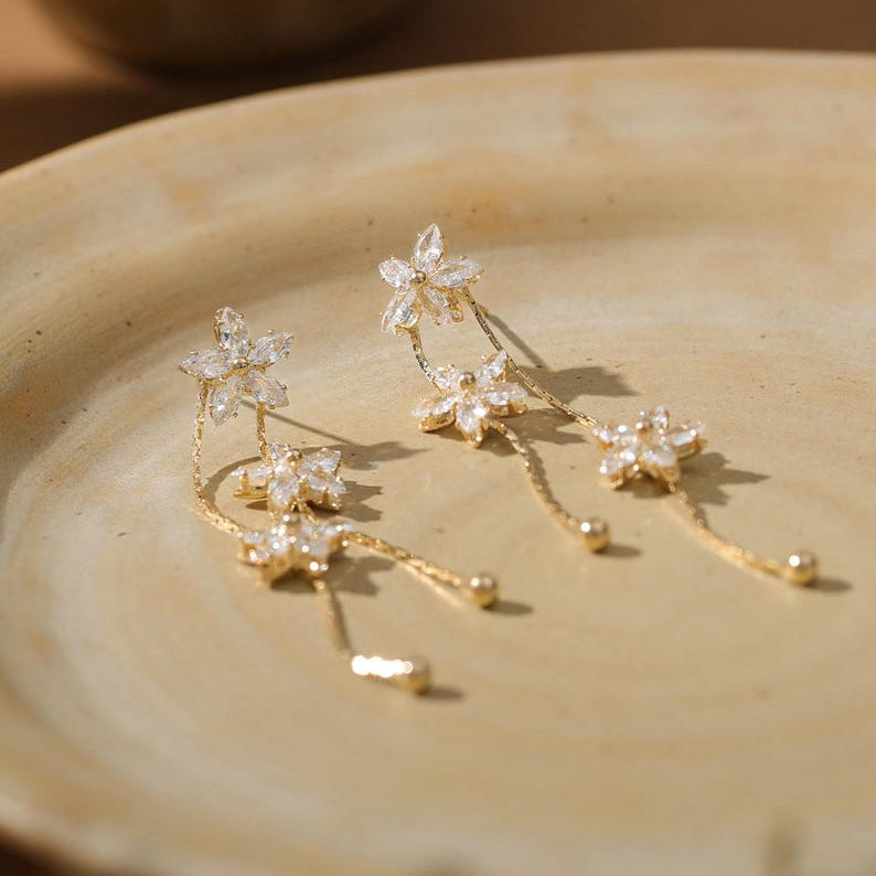 Floral Diamond Drop Earrings — Minimalist Gold Crystal Pendant Earrings