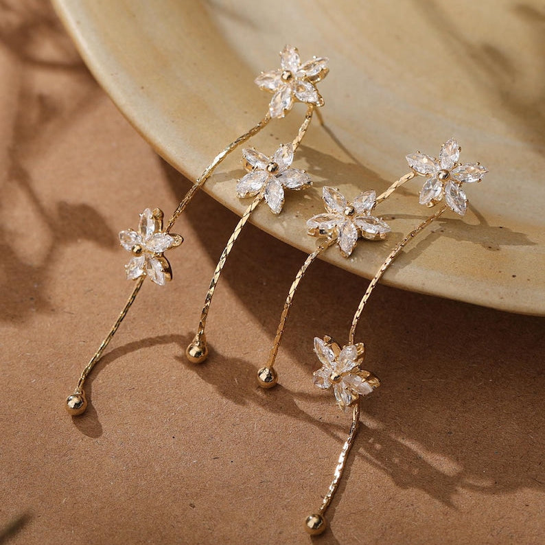 Floral Diamond Drop Earrings — Minimalist Gold Crystal Pendant Earrings