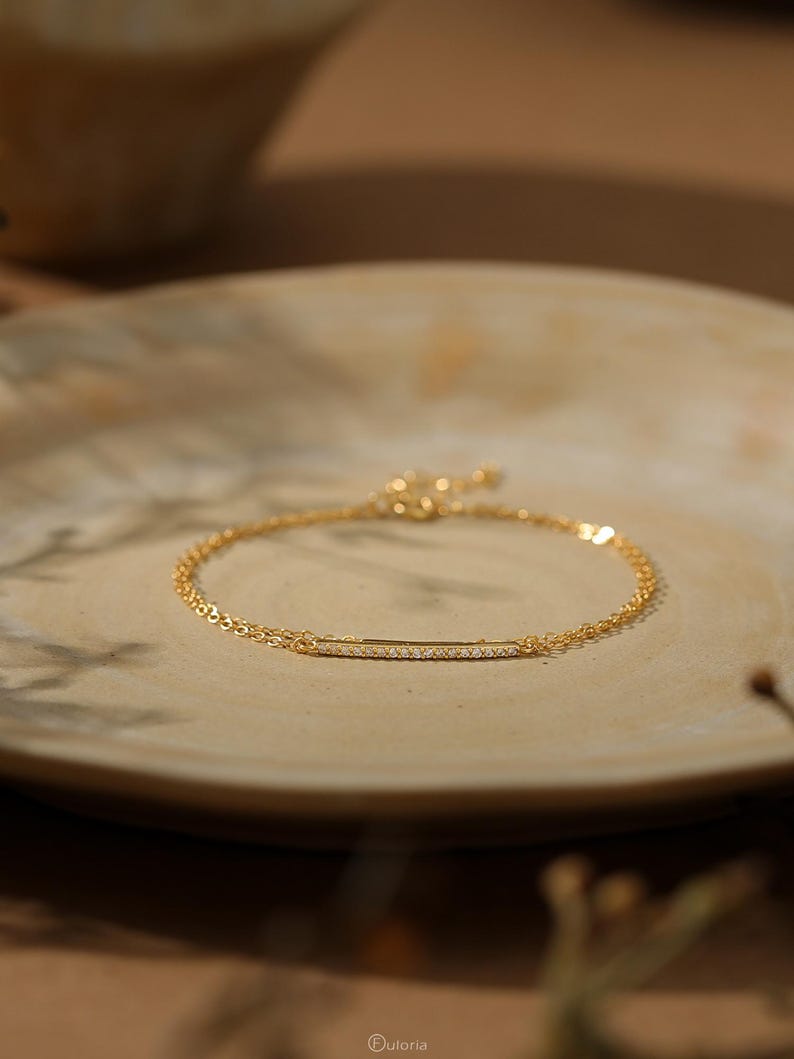 Double Chain Diamond Bracelet, 925 Sterling Silver, Gold or Silver, 15+3 cm Adjustable, Minimalist Bar Design