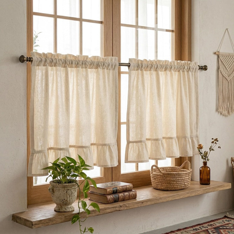 Cotton-Linen Ruffled Café Curtains, Sheer Short Curtains, Natural Beige, French Country/Bohemian Farmhouse Style