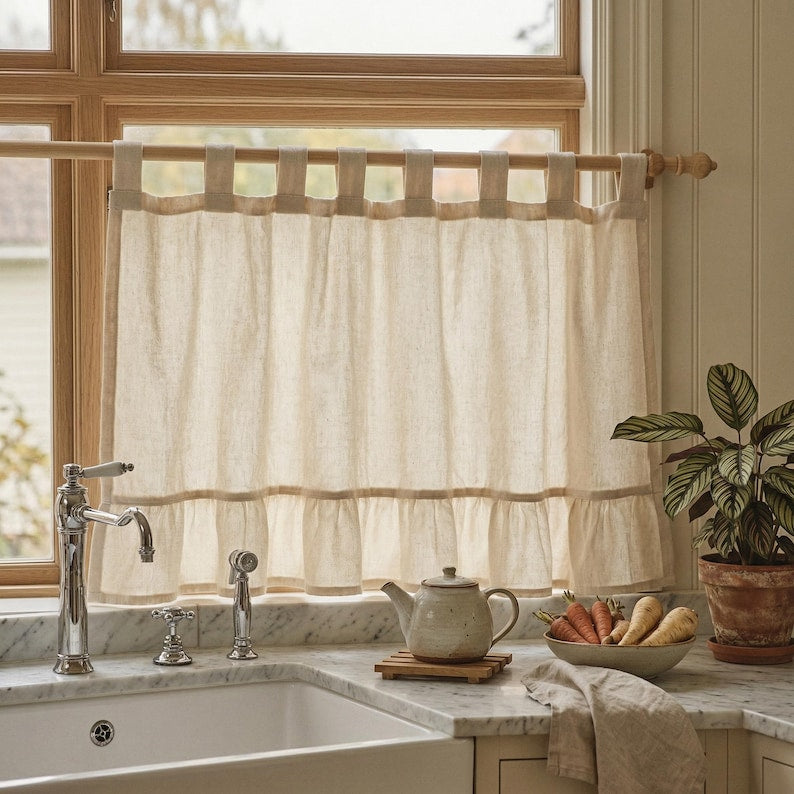 Cotton-linen café curtain with ruffles, light-filtering short curtain, French country bohemian style