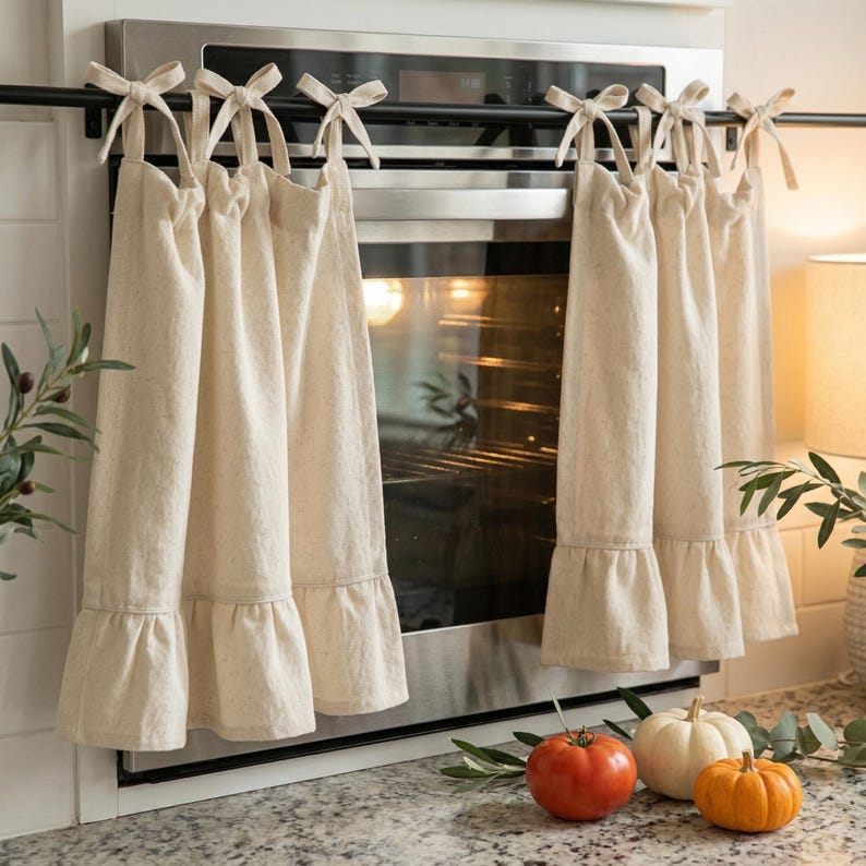 Cotton-Linen Ruffled Café Curtains, Sheer Short Curtains, Natural Beige, French Country/Bohemian Farmhouse Style