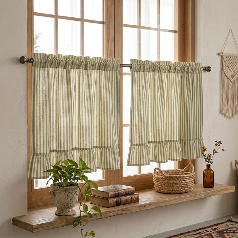 Green Striped Cotton Linen Cafe Curtains, Ruffled Light Filtering Window Treatments