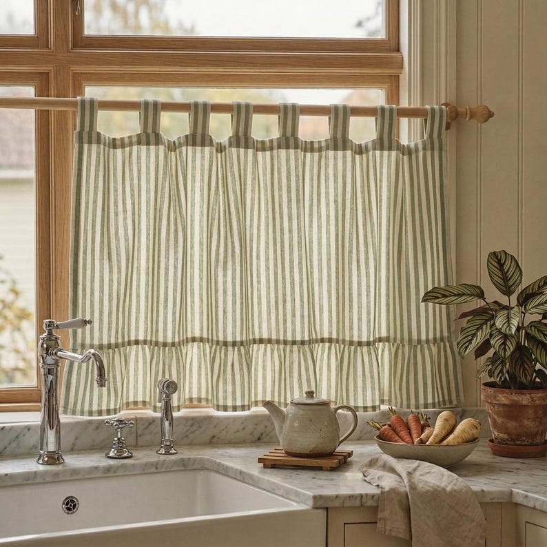 Green Striped Cotton Linen Cafe Curtains, Ruffled Light Filtering Window Treatments