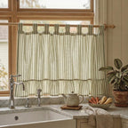 Green Striped Cotton Linen Cafe Curtains, Ruffled Light Filtering Window Treatments