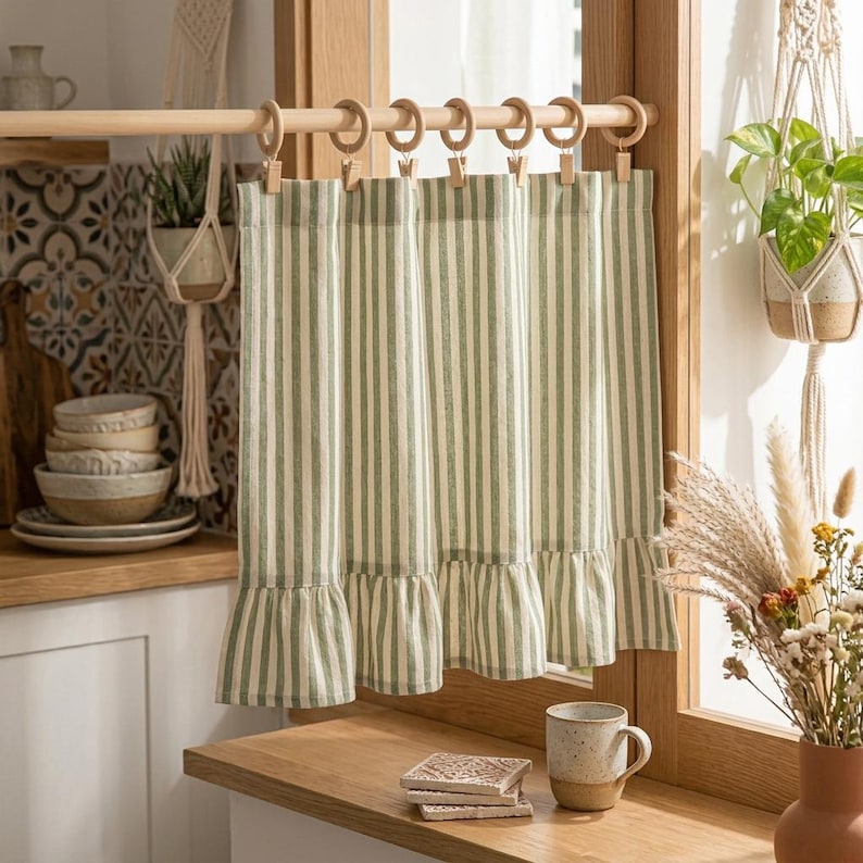 Green Striped Cotton Linen Cafe Curtains, Ruffled Light Filtering Window Treatments