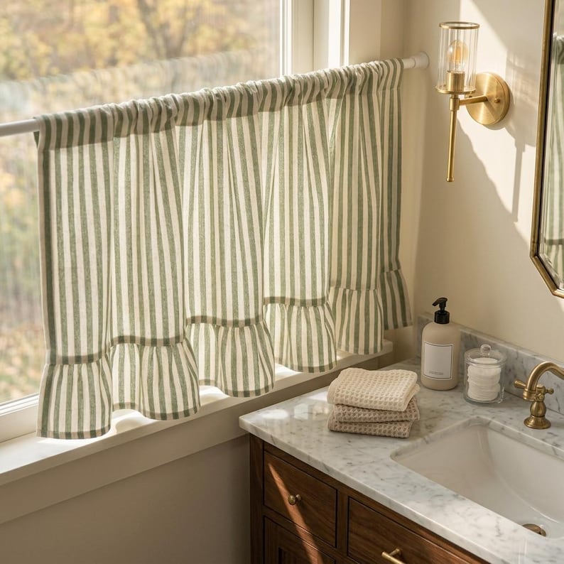 Green Striped Cotton Linen Cafe Curtains, Ruffled Light Filtering Window Treatments