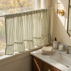 Green Striped Cotton Linen Cafe Curtains, Ruffled Light Filtering Window Treatments