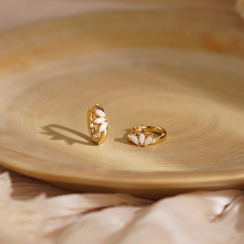Opal hoop earrings, 925 silver plated with 18K gold, 10 mm