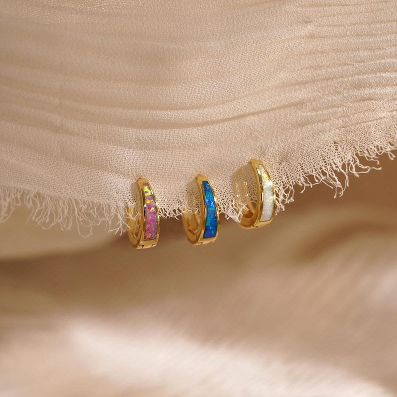 Opal hoop earrings, small hoop earrings (available in white, blue, and pink), minimalist style