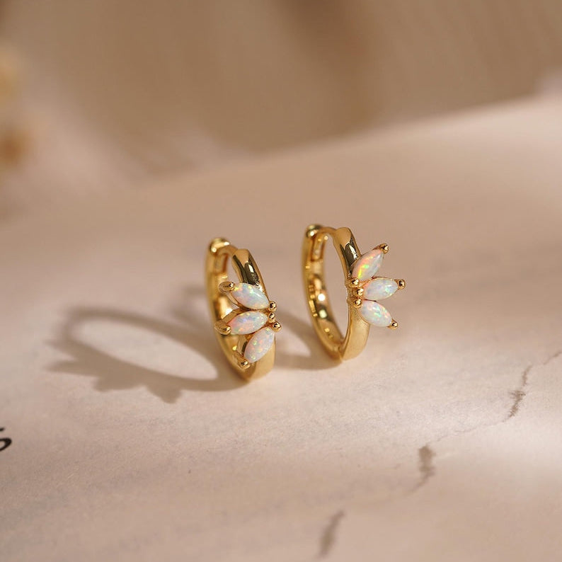 Opal hoop earrings, 925 silver plated with 18K gold, 10 mm